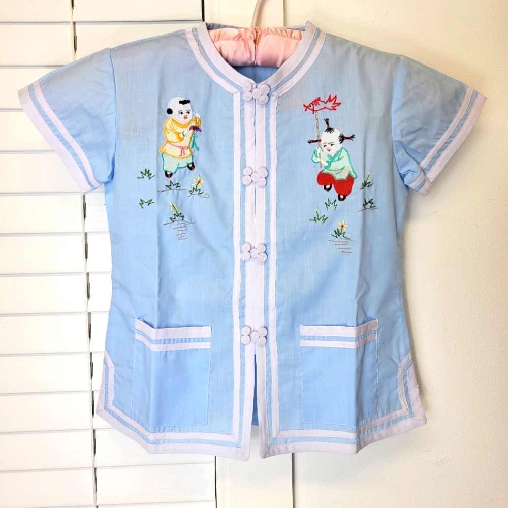 Plum Blossoms sky blue cotton blend shirt oriental